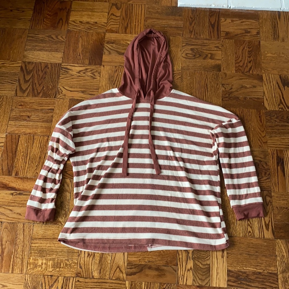 She & Sky Striped Hoodie | Size L | Red Cream | Relaxed Fit